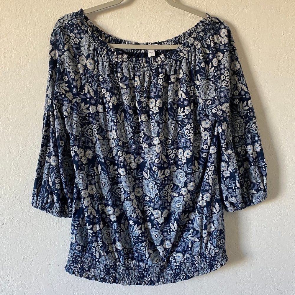 J Jill Womens Blouse Floral Smocked Boatneck Size M Blue Spring Flower Casual